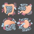 Set with decorative vector illustrations. Guts stomach liver kidney among flowers and letters.